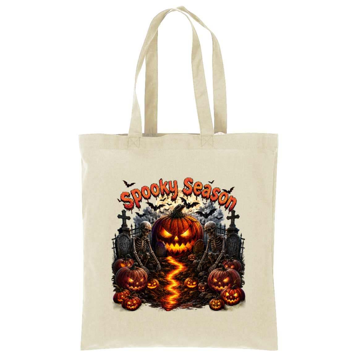 A natural canvas tote bag featuring a colorful Halloween graphic with a glowing jack-o'-lantern, skeletons, tombstones, bats, and the text 'Spooky Season' in orange.