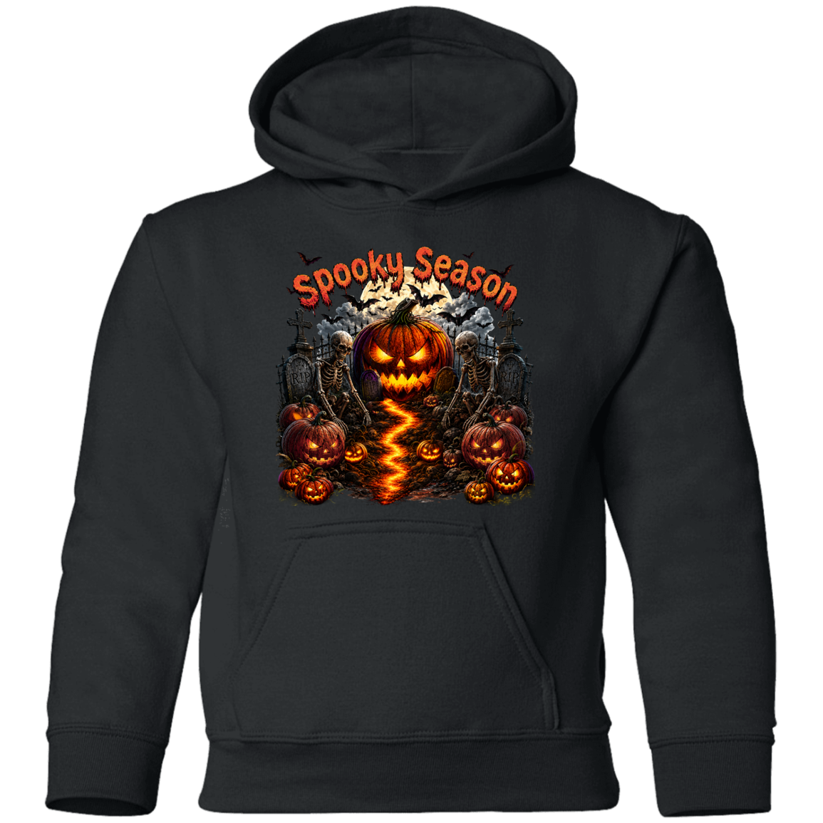 A black youth pullover hoodie featuring a colorful 'Spooky Season' Halloween graphic on the chest, displayed on a clean white background.