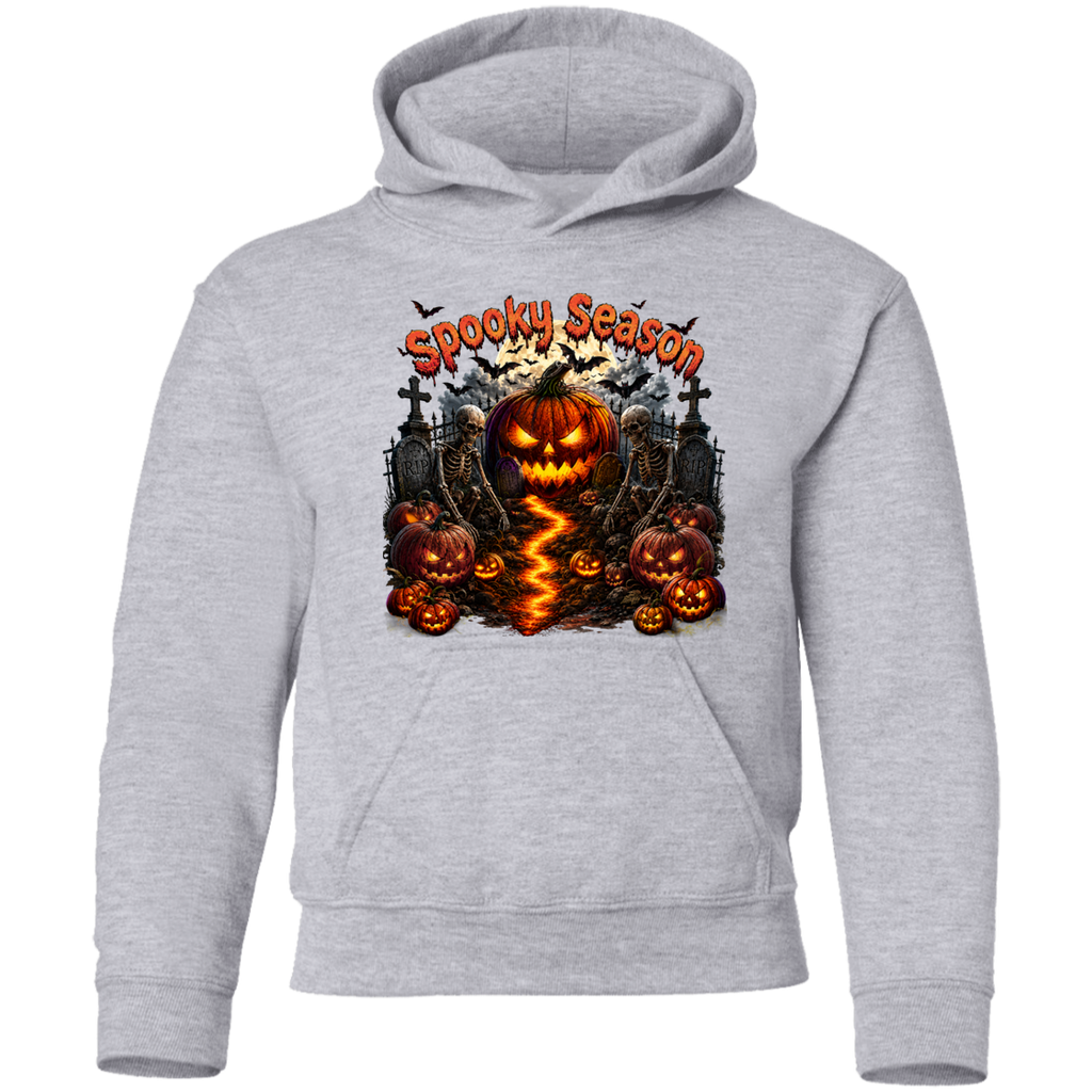 A light heather gray pullover hoodie featuring a large 'Spooky Season' Halloween graphic on the chest, including jack-o'-lanterns, tombstones, bats, and a lightning strike, shown against a plain white background.