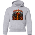 A light heather gray pullover hoodie featuring a large 'Spooky Season' Halloween graphic on the chest, including jack-o'-lanterns, tombstones, bats, and a lightning strike, shown against a plain white background.