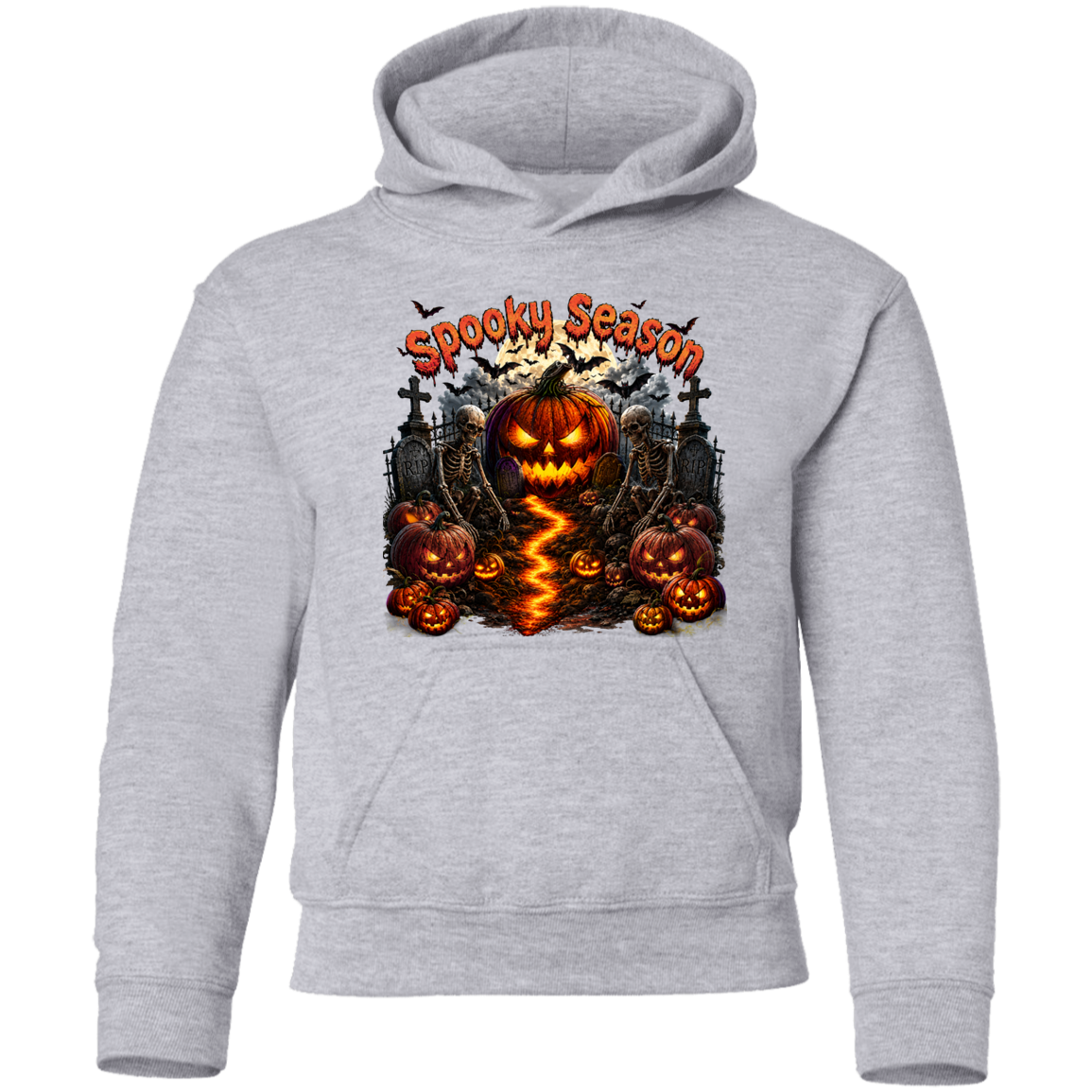 A light heather gray pullover hoodie featuring a large 'Spooky Season' Halloween graphic on the chest, including jack-o'-lanterns, tombstones, bats, and a lightning strike, shown against a plain white background.