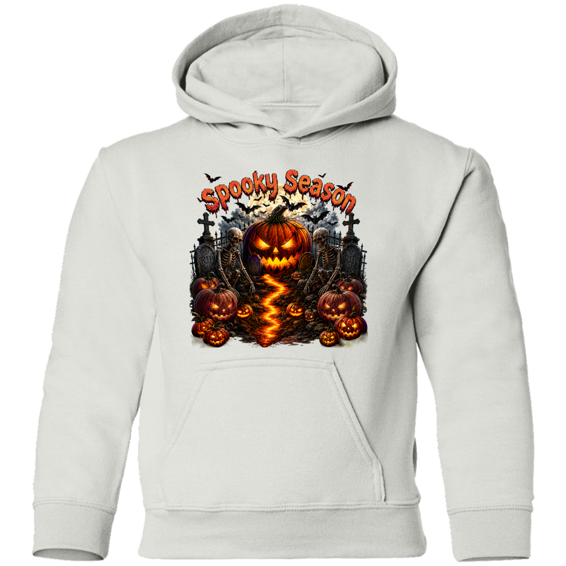 A light gray pullover hoodie featuring a large Halloween graphic on the chest with jack-o'-lanterns, tombstones, bats, and the text 'Spooky Season' in orange.