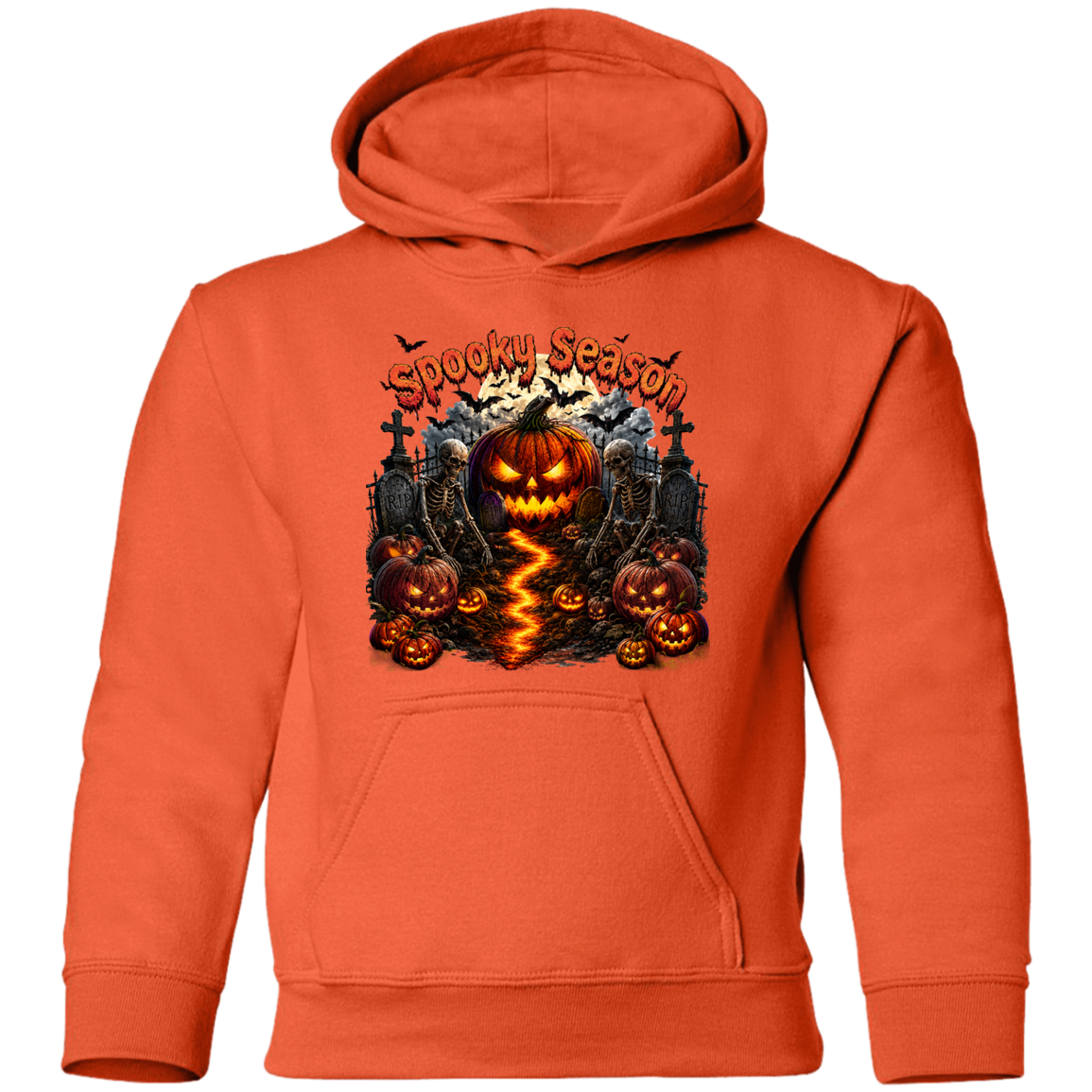 An orange youth pullover hoodie featuring a 'Spooky Season' Halloween graphic on the chest with jack-o'-lanterns, tombstones, and bats.
