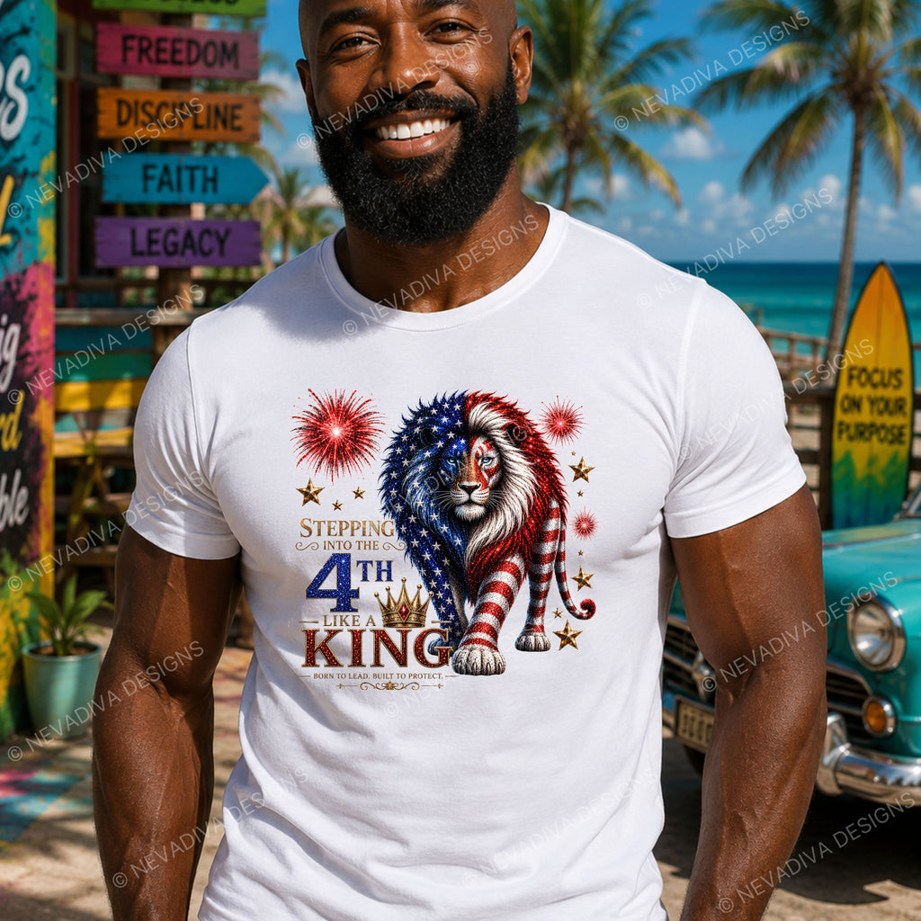 a man wearing a t shirt with a patriotic lion and stepping into the 4th like a king text 