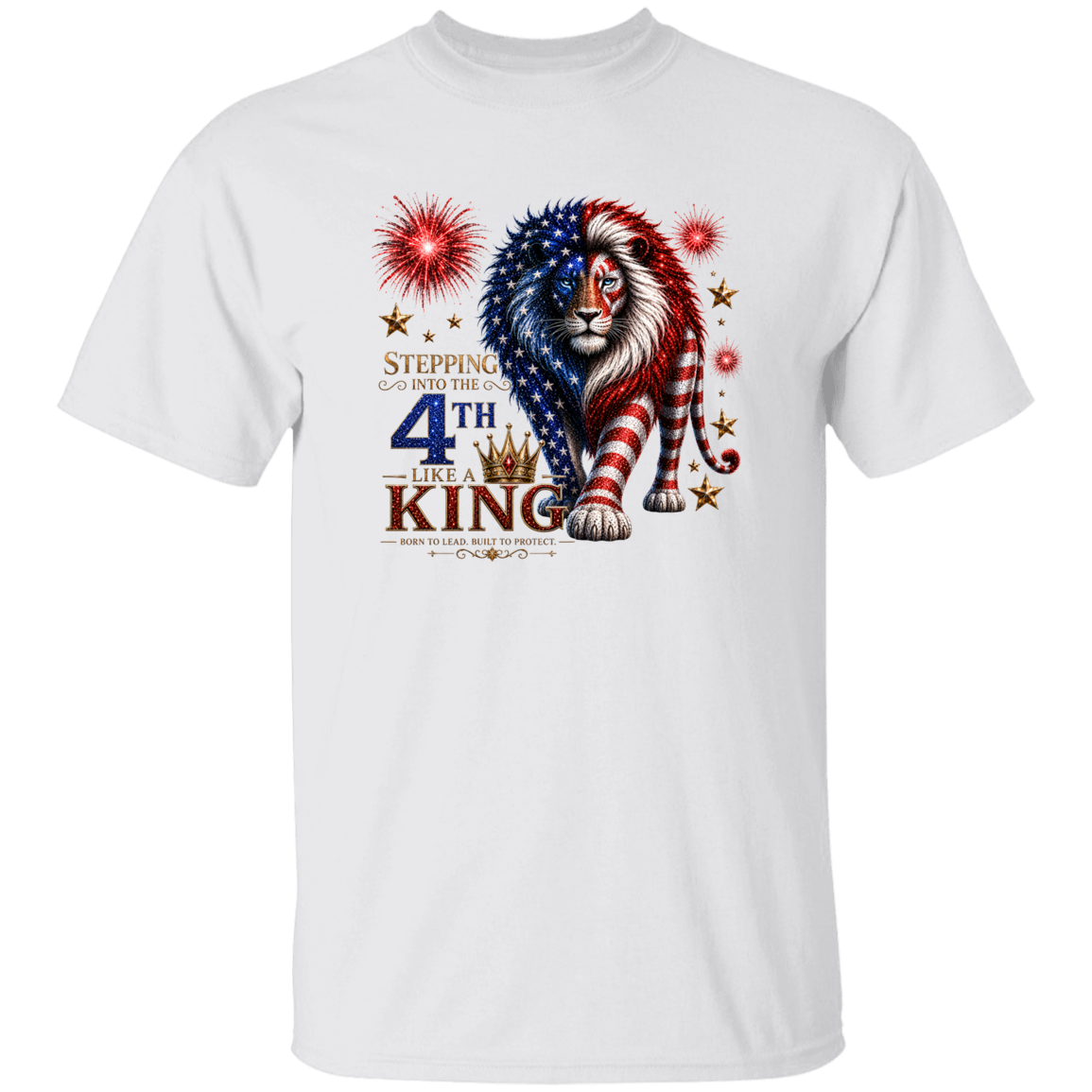 White t-shirt with a lion design featuring American flags and fireworks on a white background
