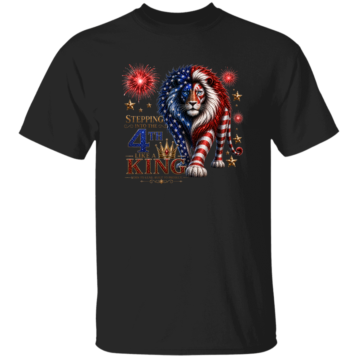 Black t-shirt with a lion design featuring the American flag and text on a white background