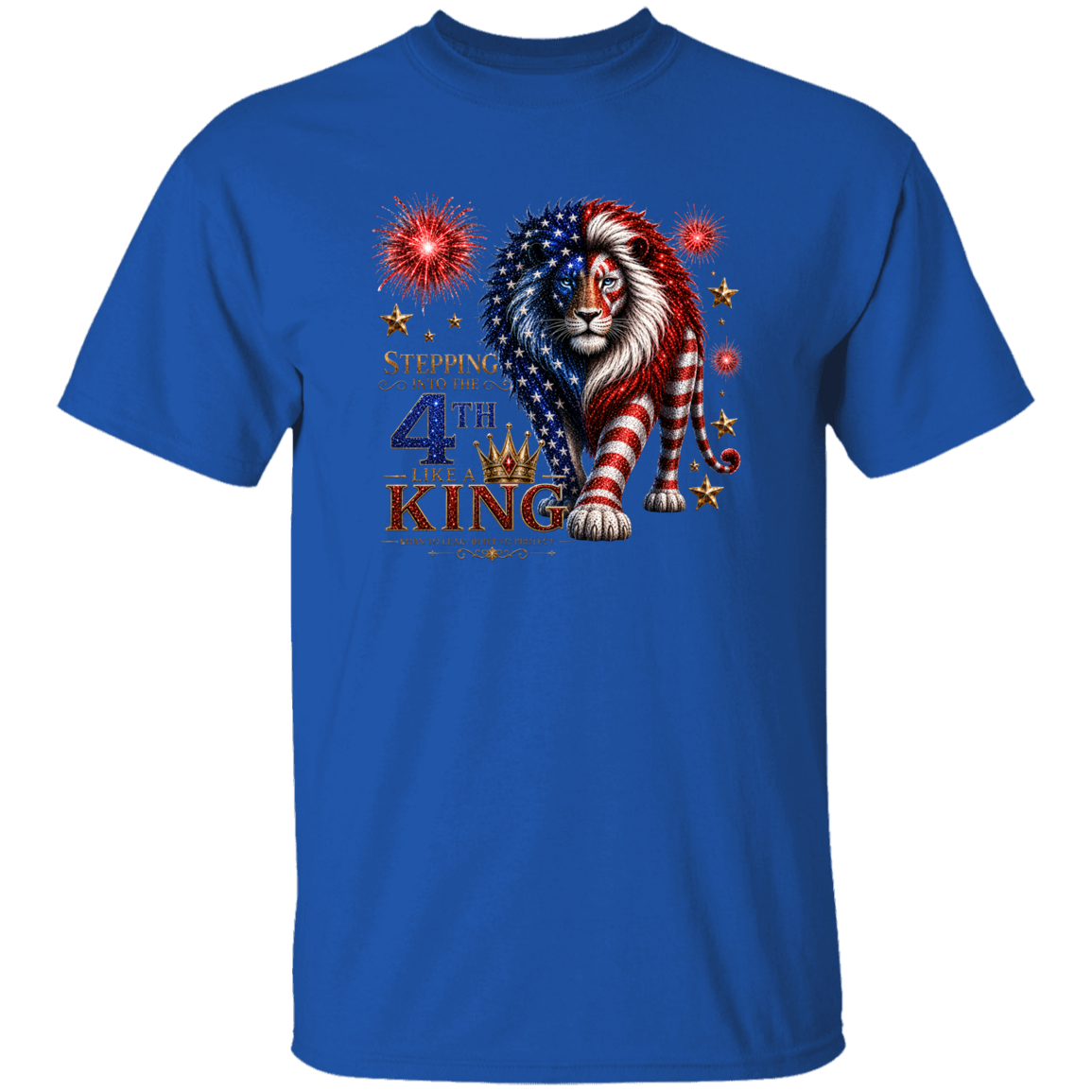 Blue t-shirt with a lion design featuring American flag colors and text on a white background