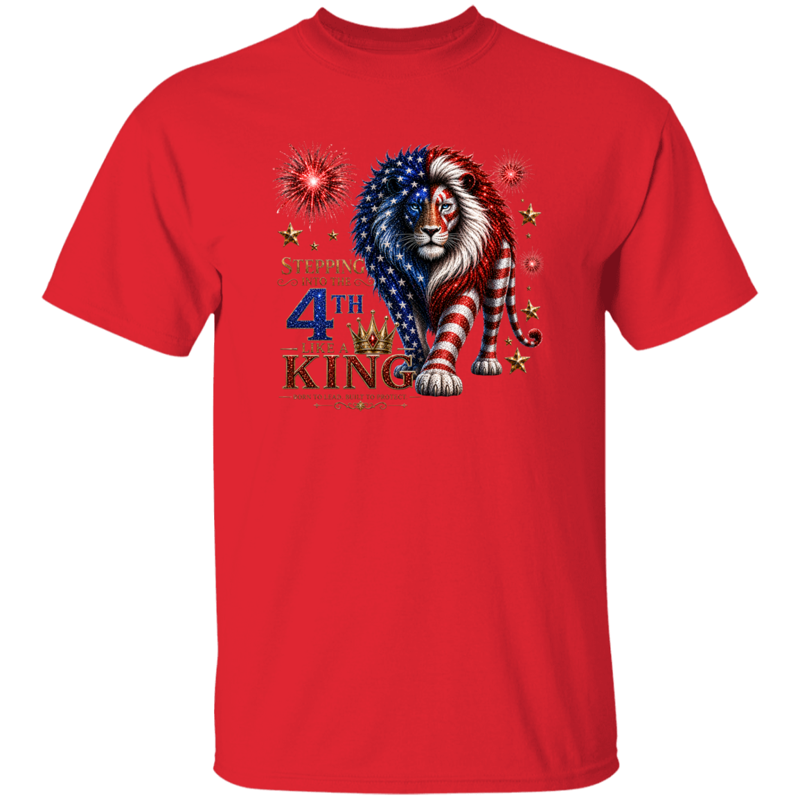 red t shirt with a patriotic lion with a text stepping into the 4th like a king 