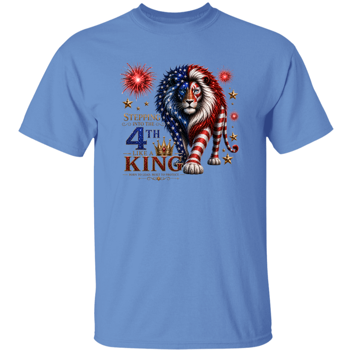 Blue t-shirt with a lion design featuring American flags and text on a white background