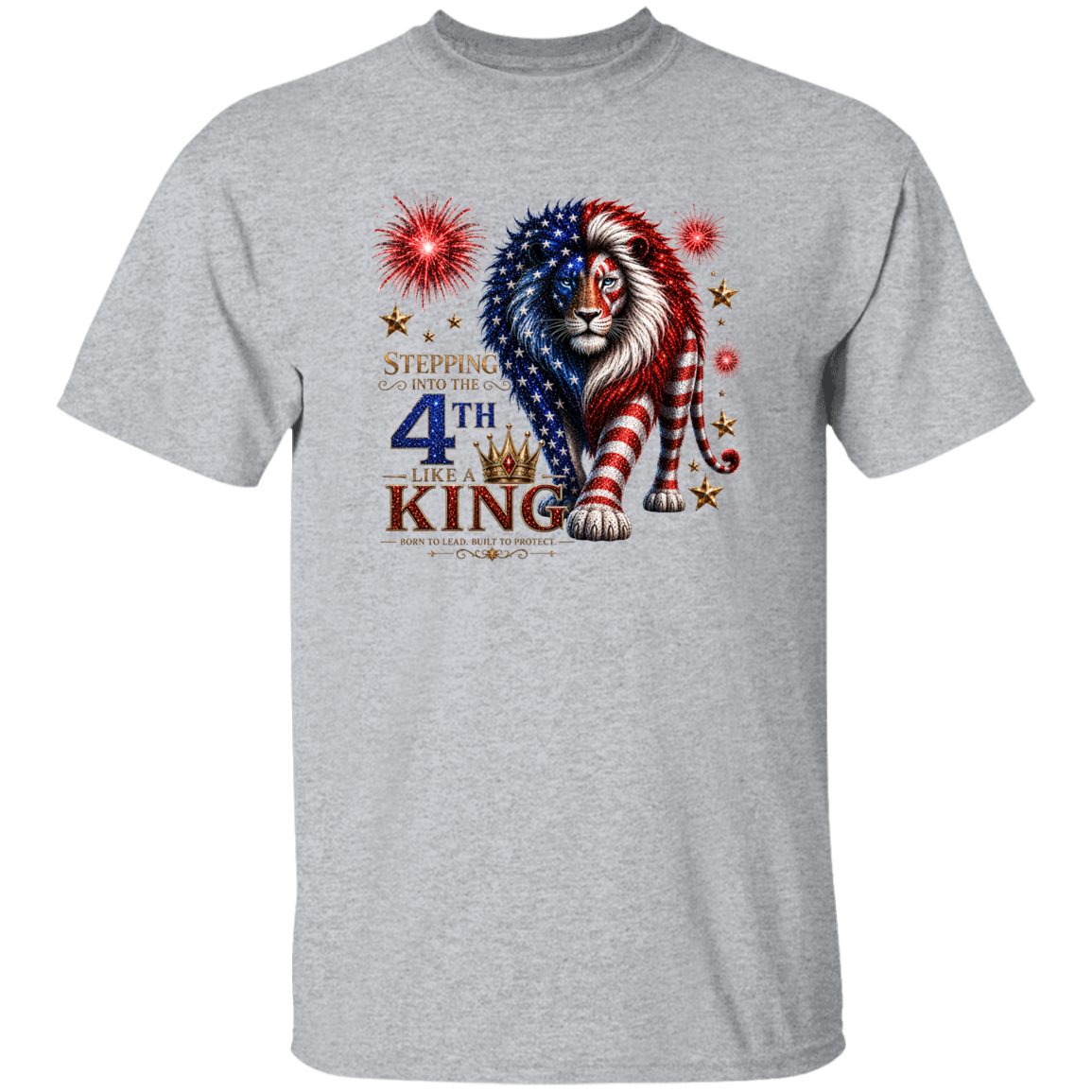 Gray t-shirt with a lion design featuring American flags and text on a white background