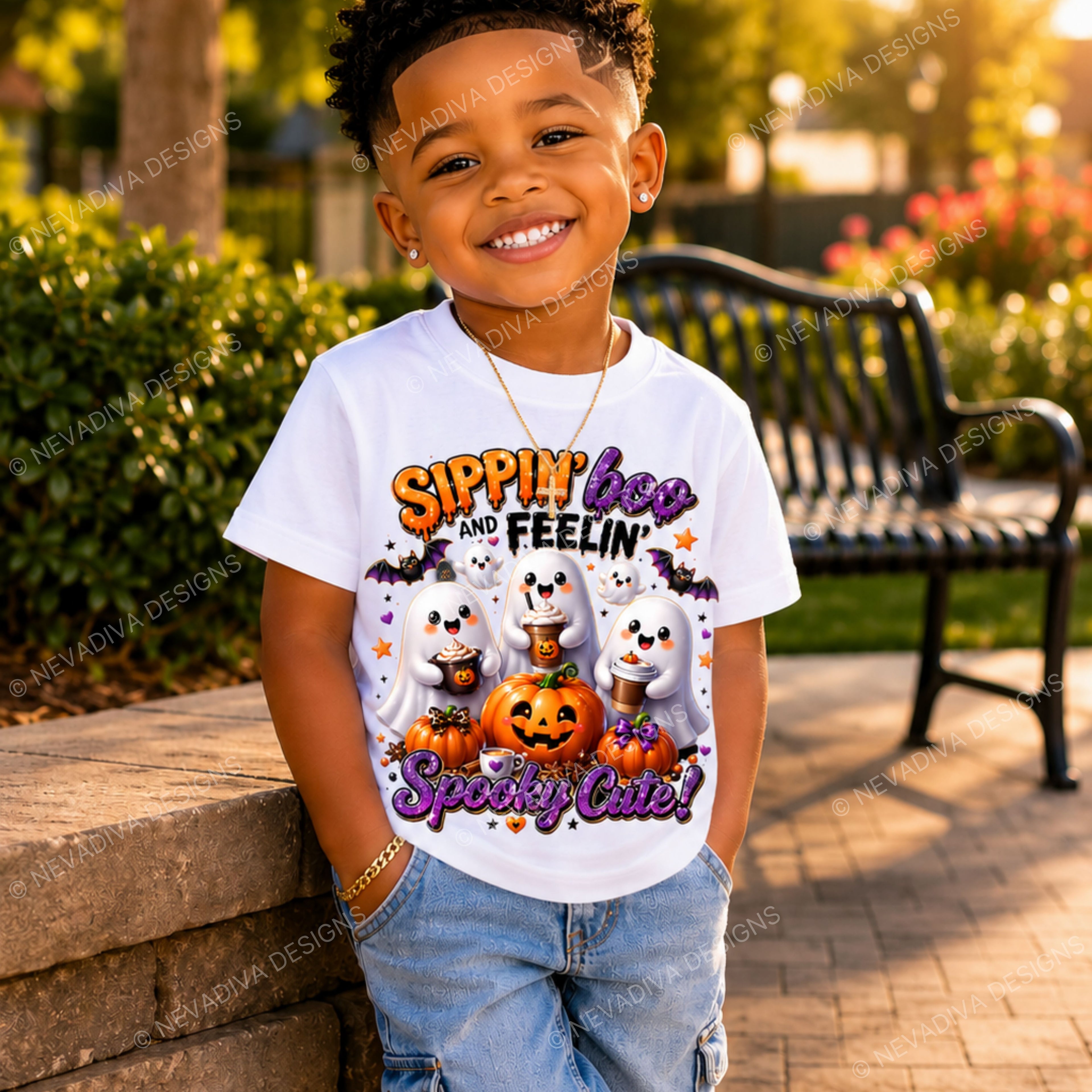 Child wearing a Halloween-themed t-shirt with graphics and text, standing outdoors.