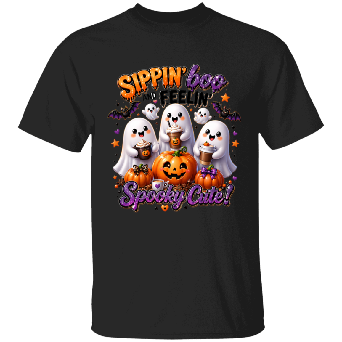 Black t-shirt with Halloween-themed design featuring ghosts, pumpkins, and text on a white background.