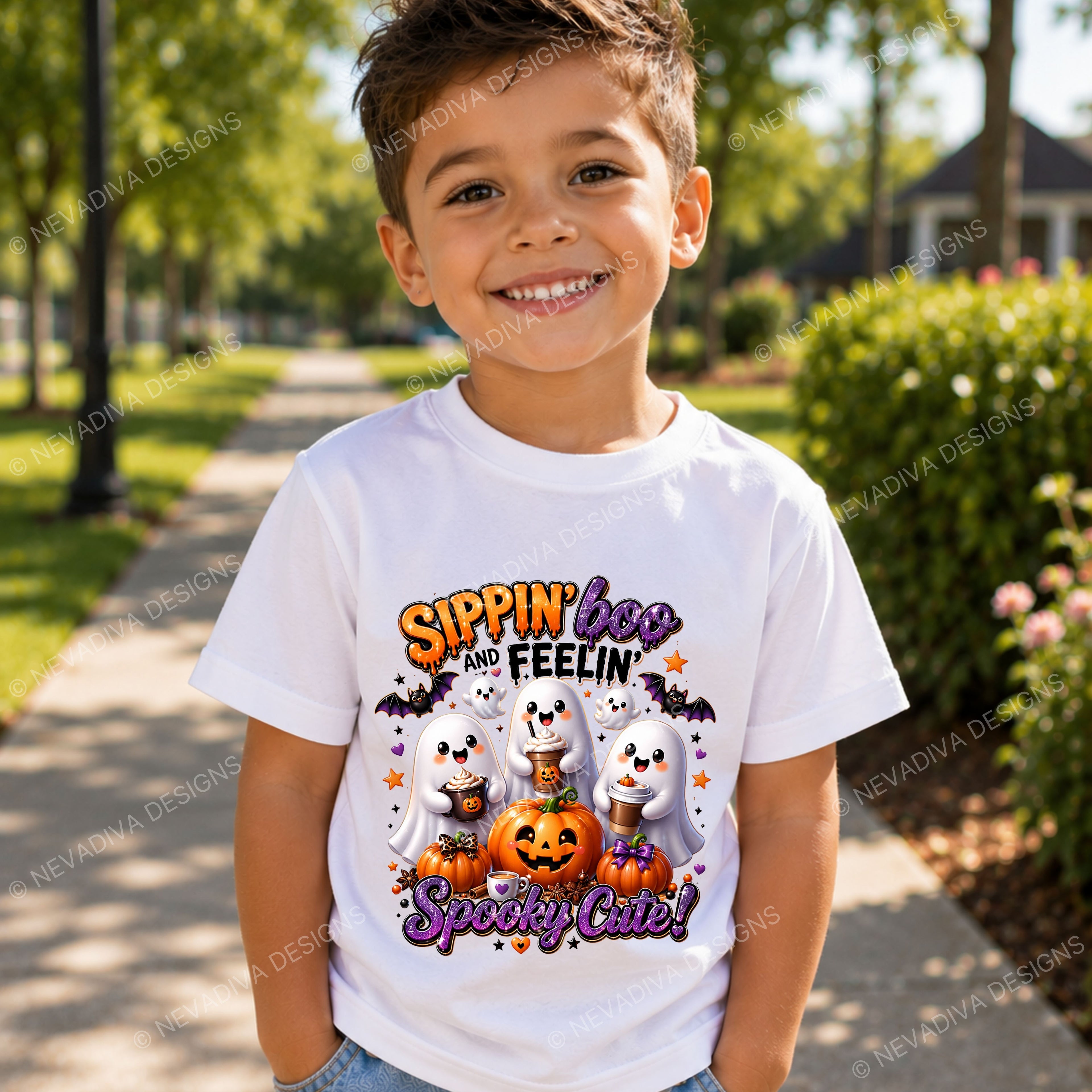 Child wearing a Halloween-themed t-shirt with pumpkins and ghosts in a park setting
