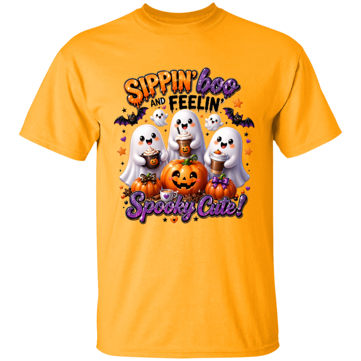 Gold t-shirt with Halloween-themed design featuring ghosts, pumpkins, and text on a white background.