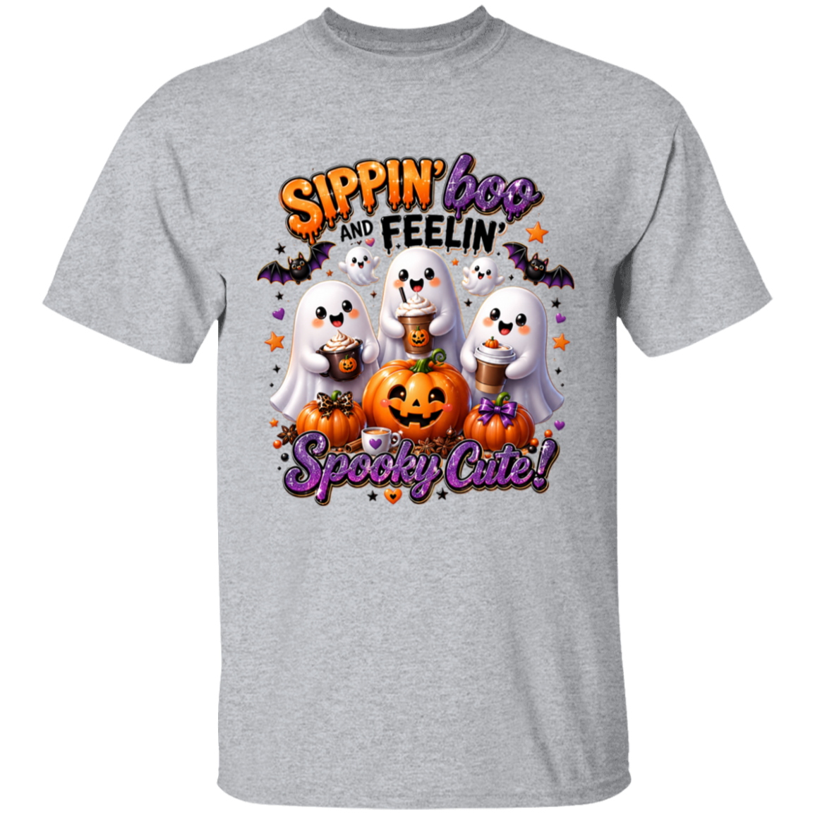 Gray t-shirt with Halloween-themed design featuring ghosts and pumpkins on a white background