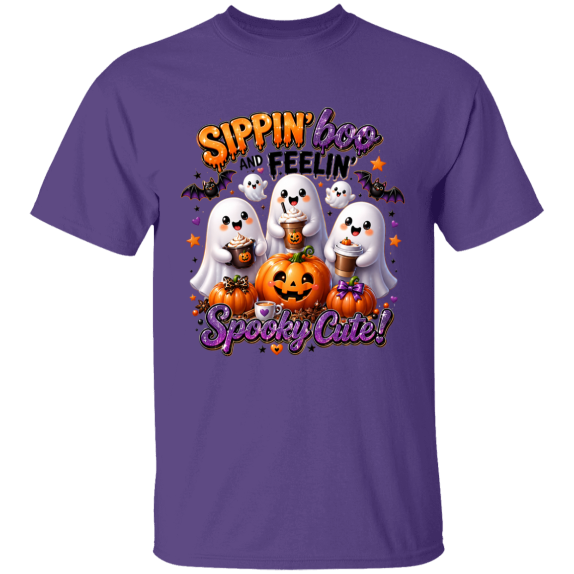 Purple t-shirt with Halloween-themed design featuring ghosts and pumpkins on a white background.