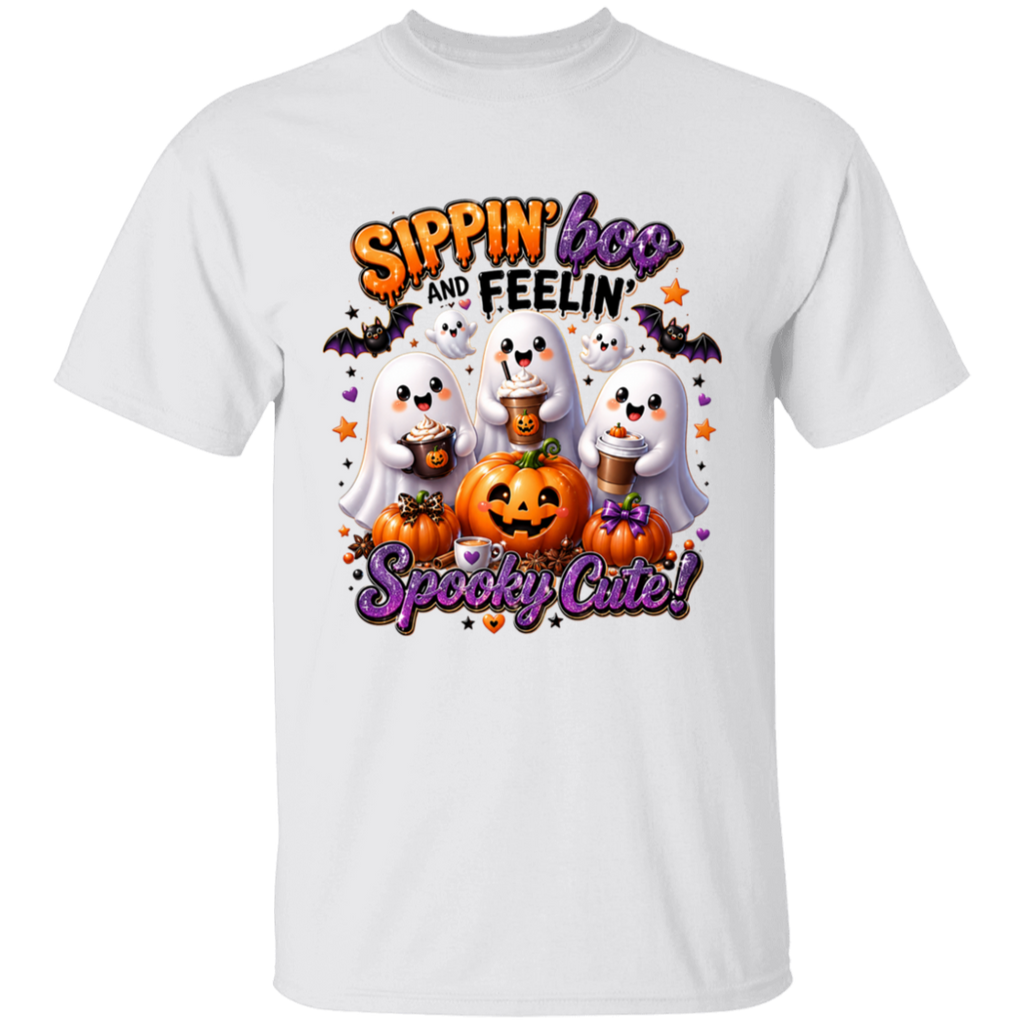 White t-shirt with Halloween-themed design featuring ghosts, pumpkins, and text on a white background.