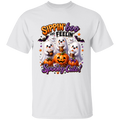 White t-shirt with Halloween-themed design featuring ghosts, pumpkins, and text on a white background.