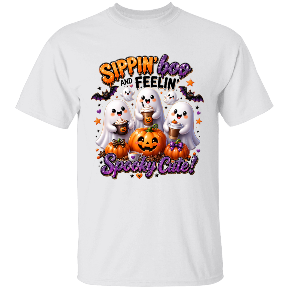 White t-shirt with Halloween-themed design featuring ghosts, pumpkins, and text on a white background.