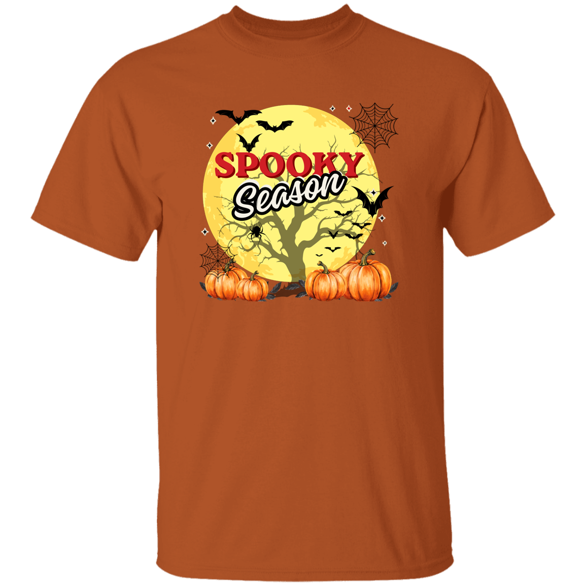 A rust-orange short-sleeve crewneck t-shirt featuring a 'Spooky Season' Halloween graphic on the chest, set against a plain white background.