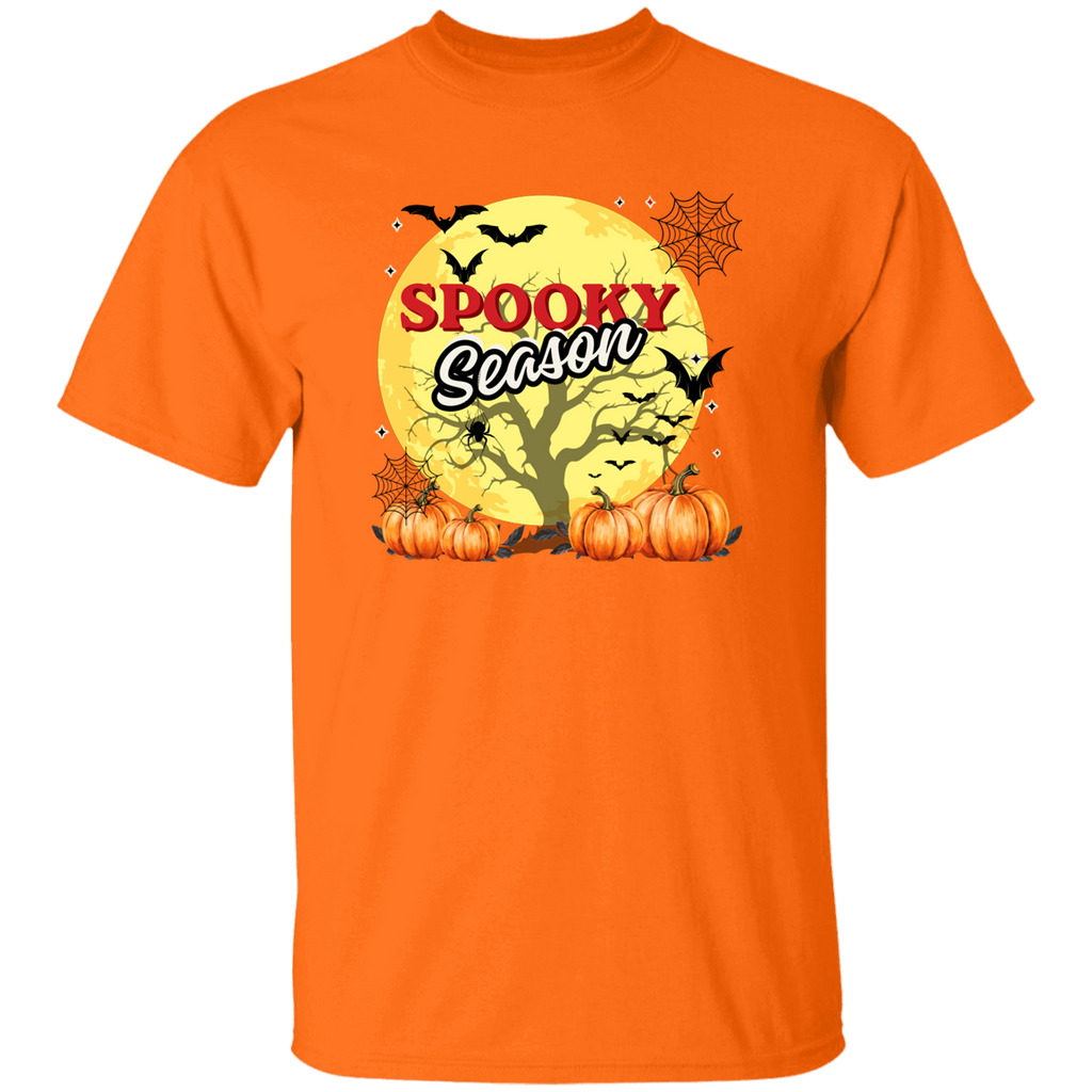 An orange short-sleeve crewneck t-shirt featuring a 'Spooky Season' Halloween graphic on the front, set against a plain white background.