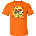An orange short-sleeve crewneck t-shirt featuring a 'Spooky Season' Halloween graphic on the front, set against a plain white background.