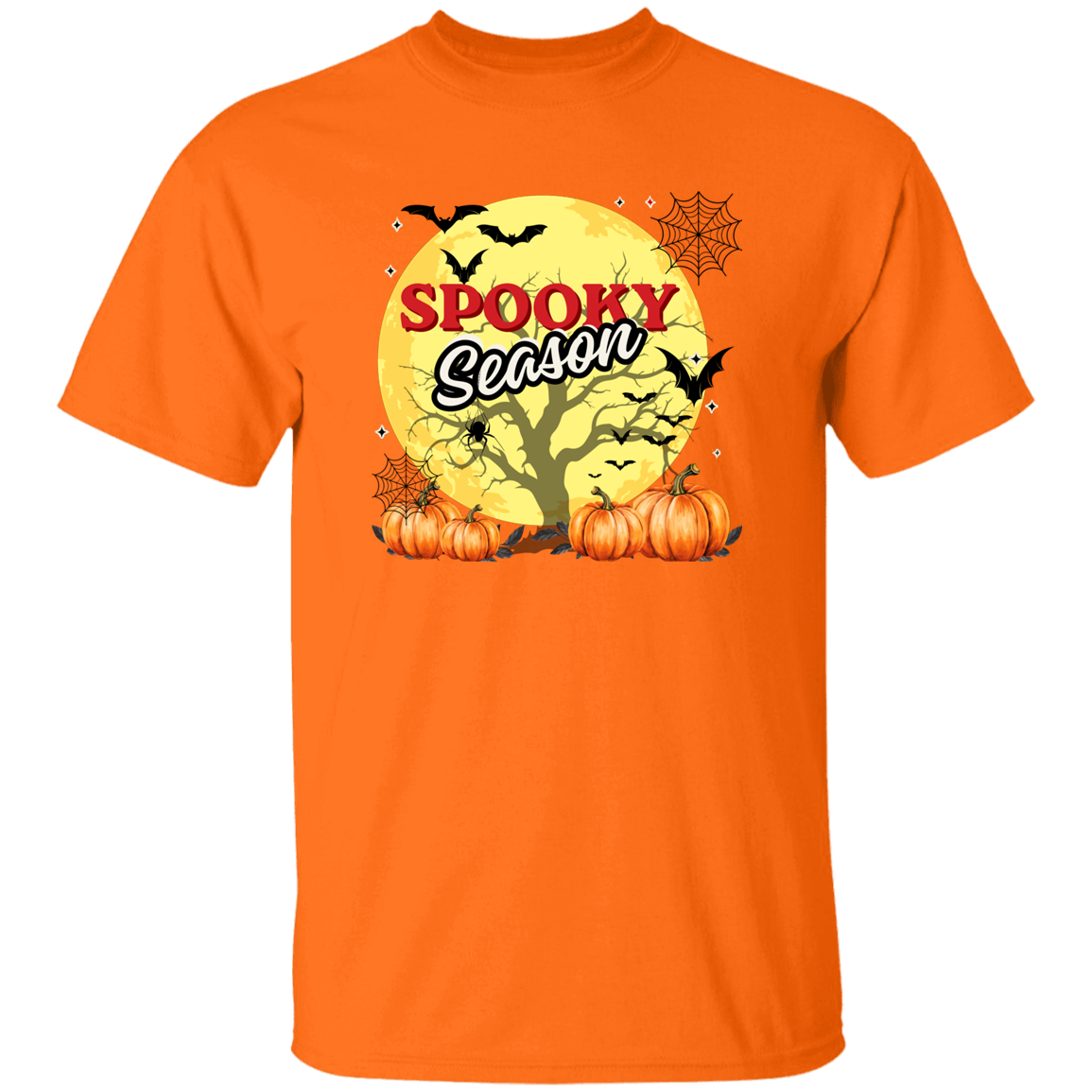 An orange short-sleeve crewneck t-shirt featuring a 'Spooky Season' Halloween graphic on the front, set against a plain white background.