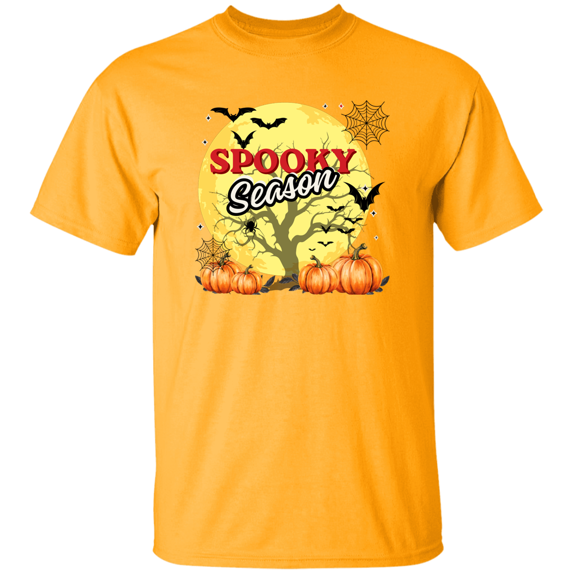 A bright yellow short-sleeve t-shirt with a 'Spooky Season' Halloween graphic on the front, featuring pumpkins, a tree, bats, and a full moon on a white background.
