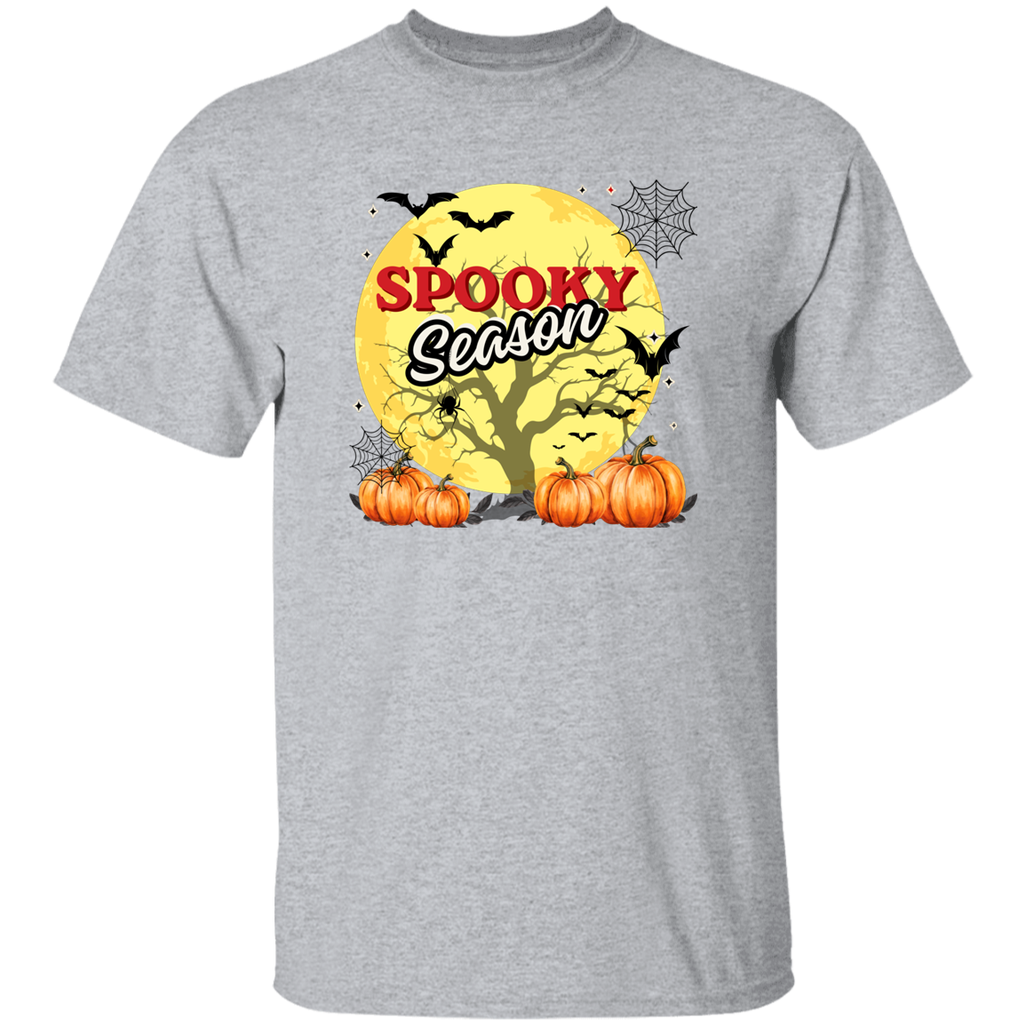 A heather gray short-sleeve crewneck t-shirt featuring a 'Spooky Season' Halloween graphic on the chest, including a yellow moon, bats, spiderwebs, pumpkins, and a tree silhouette.