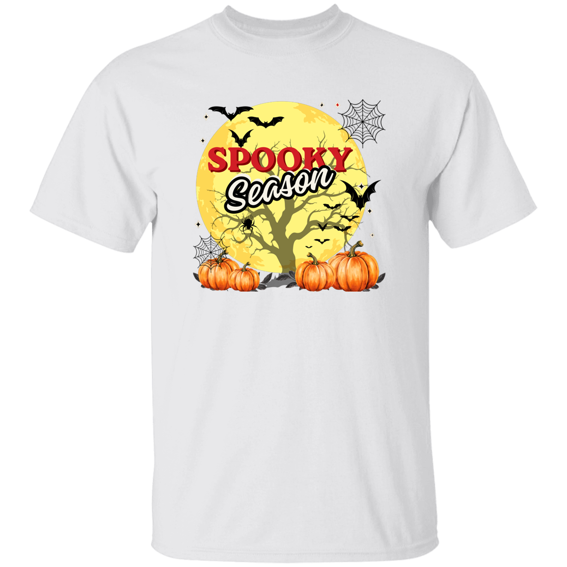 A white short-sleeve crewneck t-shirt featuring a 'Spooky Season' Halloween graphic on the chest, including a yellow moon, bats, spiderwebs, pumpkins, and a tree silhouette.