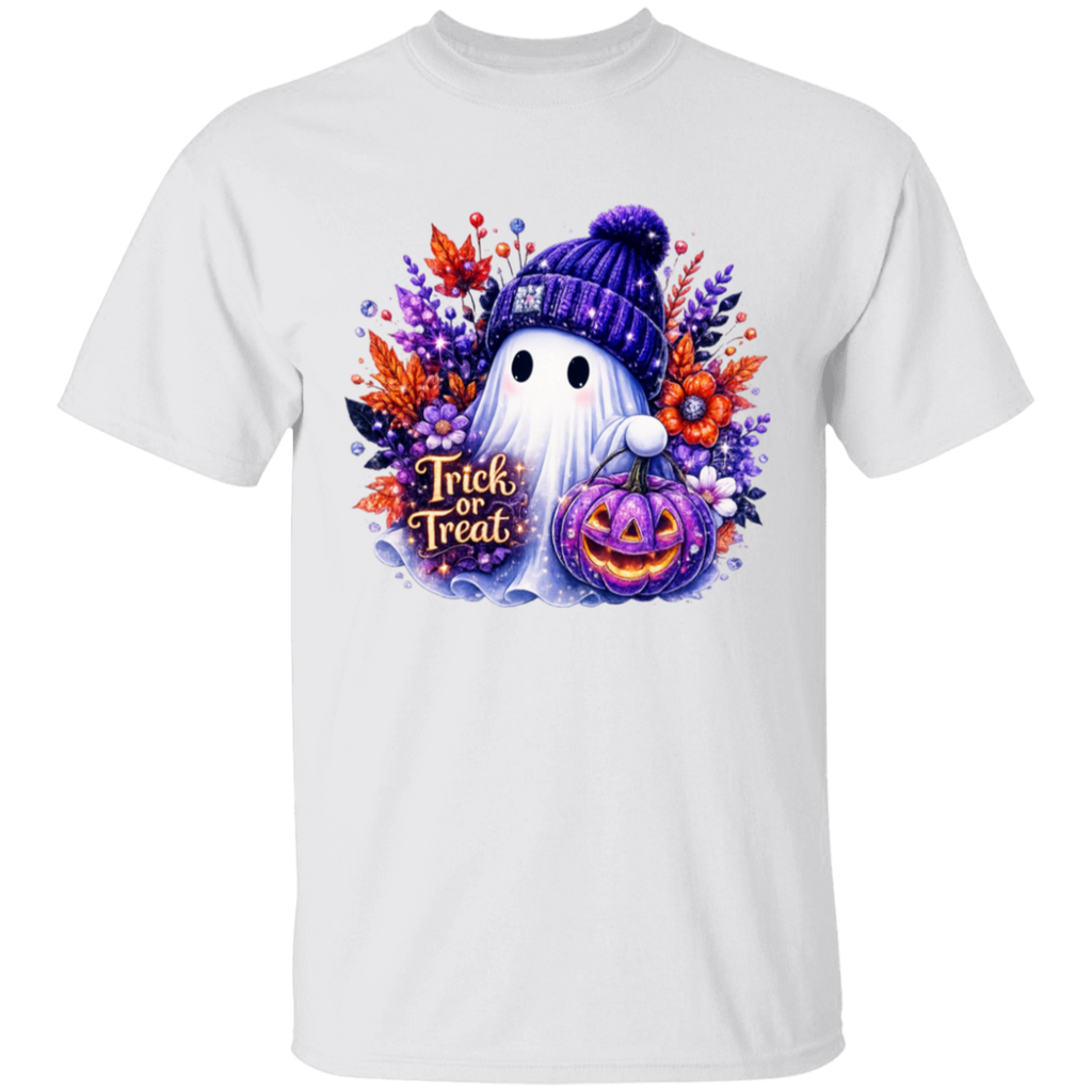 A white short-sleeve crewneck t-shirt featuring a colorful Halloween graphic on the chest. The graphic depicts a cute white ghost wearing a purple knit beanie, holding a glowing jack-o'-lantern, surrounded by autumn leaves and the text 'Trick or Treat'.
