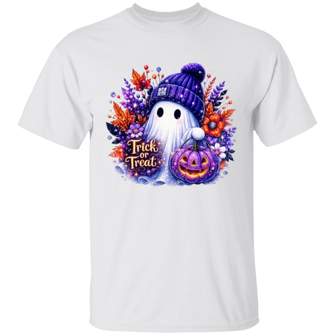 A white short-sleeve crewneck t-shirt featuring a colorful Halloween graphic on the chest. The graphic depicts a cute white ghost wearing a purple knit beanie, holding a glowing jack-o'-lantern, surrounded by autumn leaves and the text 'Trick or Treat'.