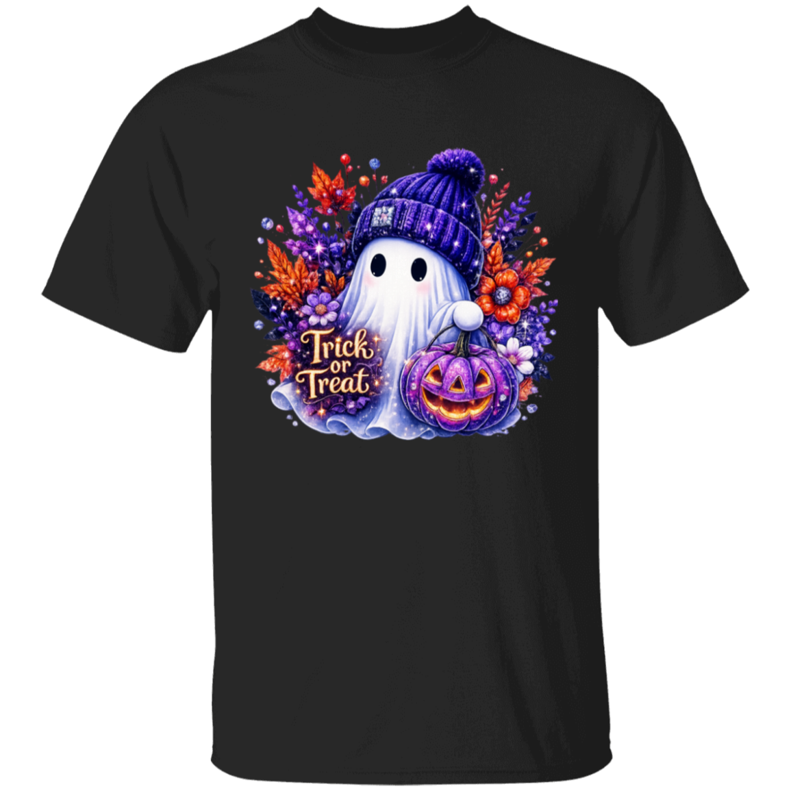 A black short-sleeve crewneck t-shirt featuring a colorful Halloween graphic on the chest. The graphic depicts a cute white ghost wearing a purple knit beanie and holding a glowing jack-o'-lantern, surrounded by autumn leaves, flowers, and the text 'Trick or Treat' in orange and purple.