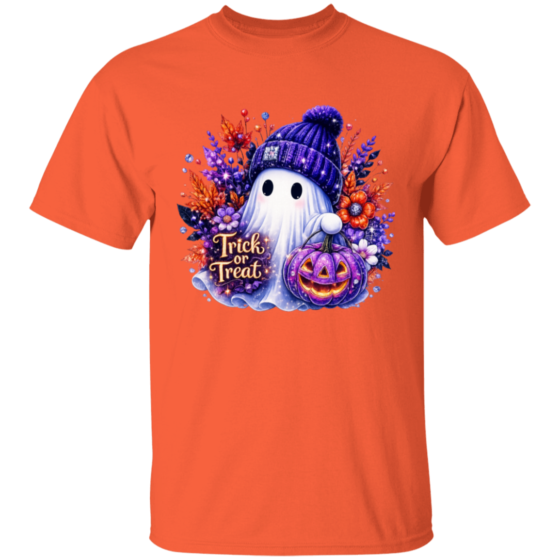 An orange short-sleeve crewneck t-shirt featuring a colorful Halloween graphic on the chest. The graphic depicts a cute white ghost wearing a purple knit beanie and holding a carved jack-o'-lantern pumpkin, surrounded by autumn leaves and the text 'Trick or Treat'.