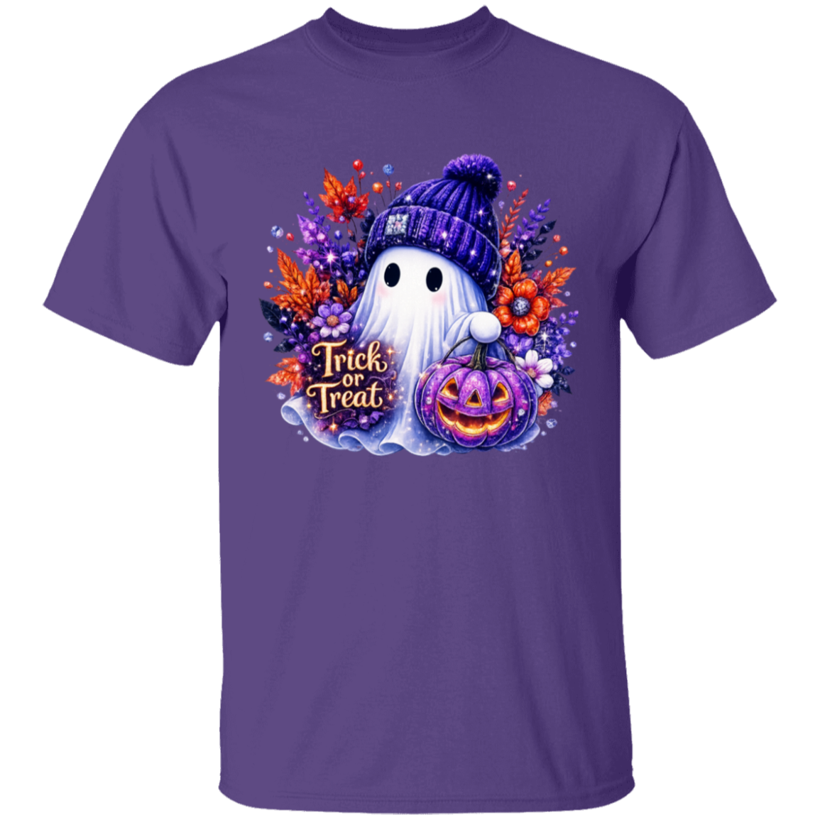 A purple short-sleeve crewneck t-shirt featuring a colorful graphic of a cute ghost wearing a knit beanie and holding a jack-o'-lantern, surrounded by autumn leaves and the text 'Trick or Treat'.