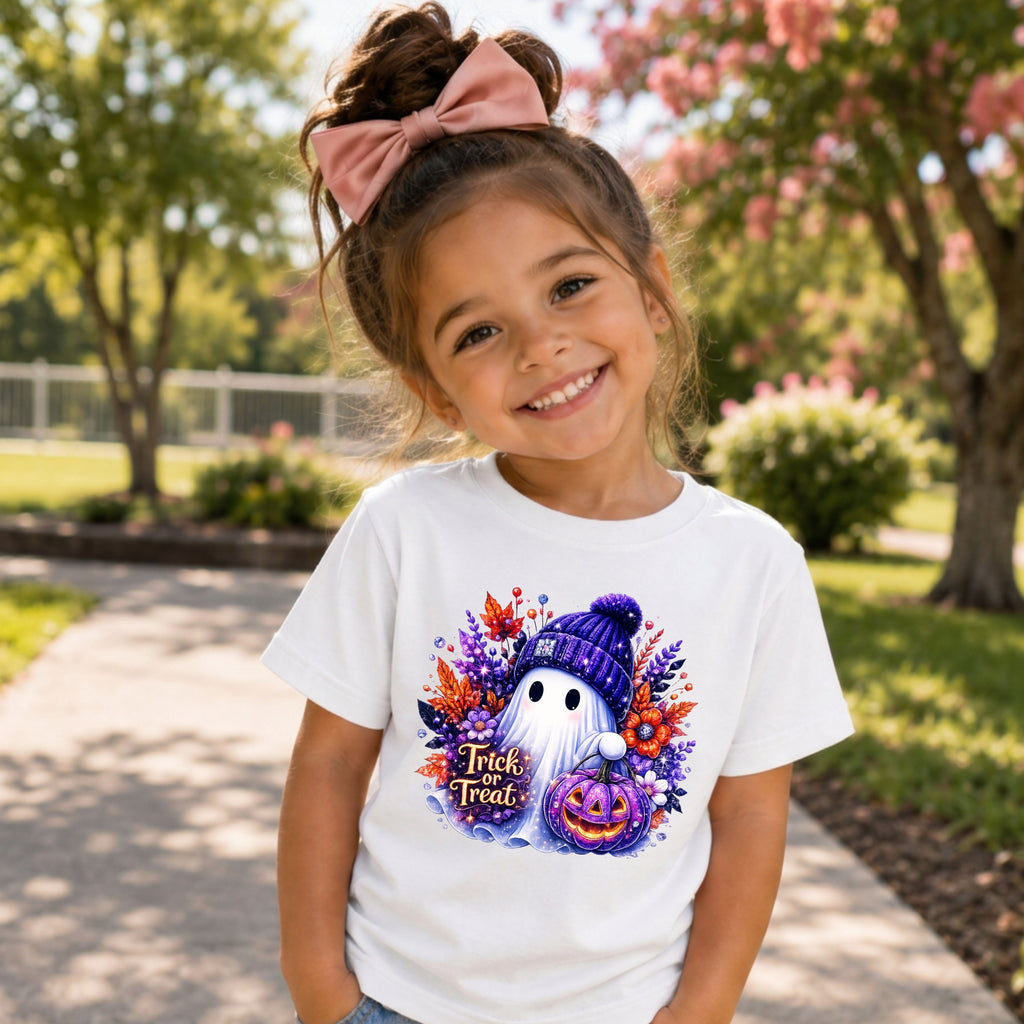 A young girl with a pink hair bow stands outdoors wearing a white graphic t-shirt. The t-shirt features a colorful Halloween design with a ghost, a jack-o'-lantern, autumn leaves, and the text 'Trick or Treat'.