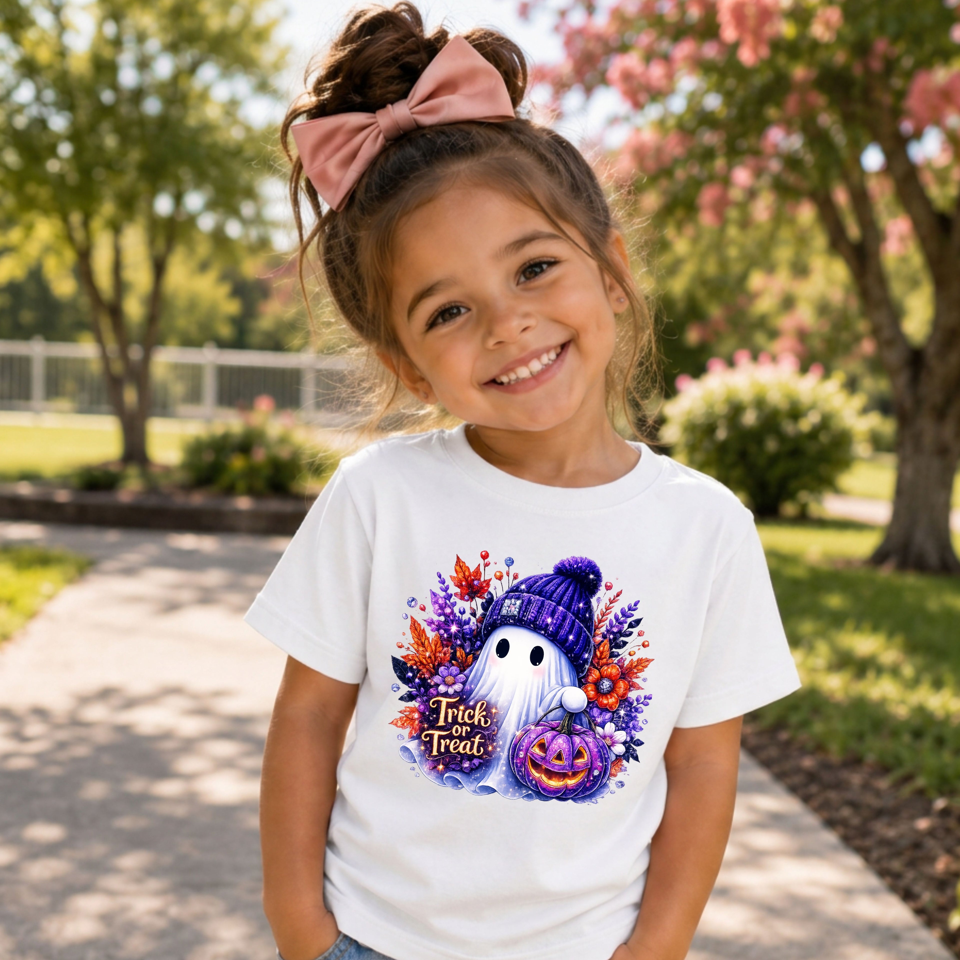 A young girl with a pink hair bow stands outdoors wearing a white graphic t-shirt. The t-shirt features a colorful Halloween design with a ghost, a jack-o'-lantern, autumn leaves, and the text 'Trick or Treat'.
