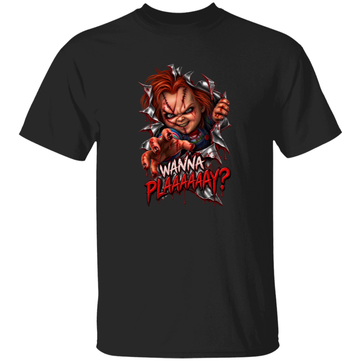A black short-sleeve crewneck t-shirt featuring a graphic print of Chucky tearing through a torn paper effect with the text 'WANNA PLAAAAAAAY?' in red and white.