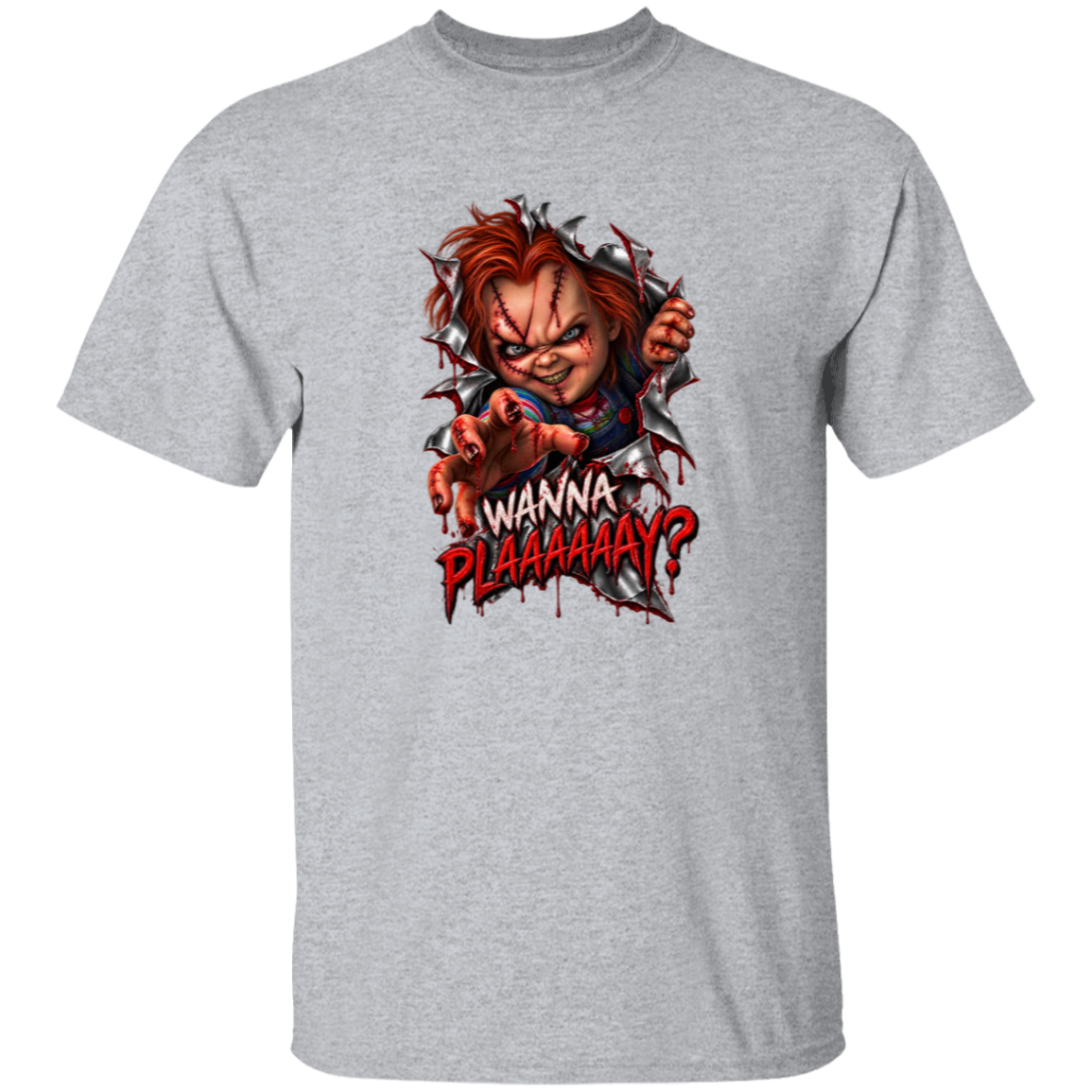 A heather gray short-sleeve t-shirt featuring a graphic of the horror character Chucky tearing through a wall with the text 'WANNA PLAAAAAAAY?' printed on the front.