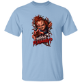 A light blue short-sleeve crewneck t-shirt featuring a graphic print of Chucky tearing through a wall with the text 'WANNA PLAAAAAAAY?' in red and white.