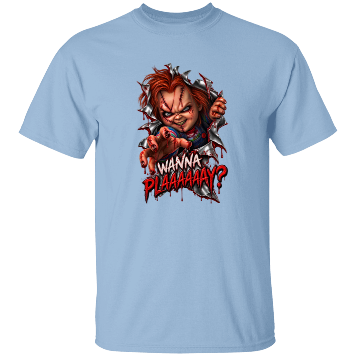 A light blue short-sleeve crewneck t-shirt featuring a graphic print of Chucky tearing through a wall with the text 'WANNA PLAAAAAAAY?' in red and white.