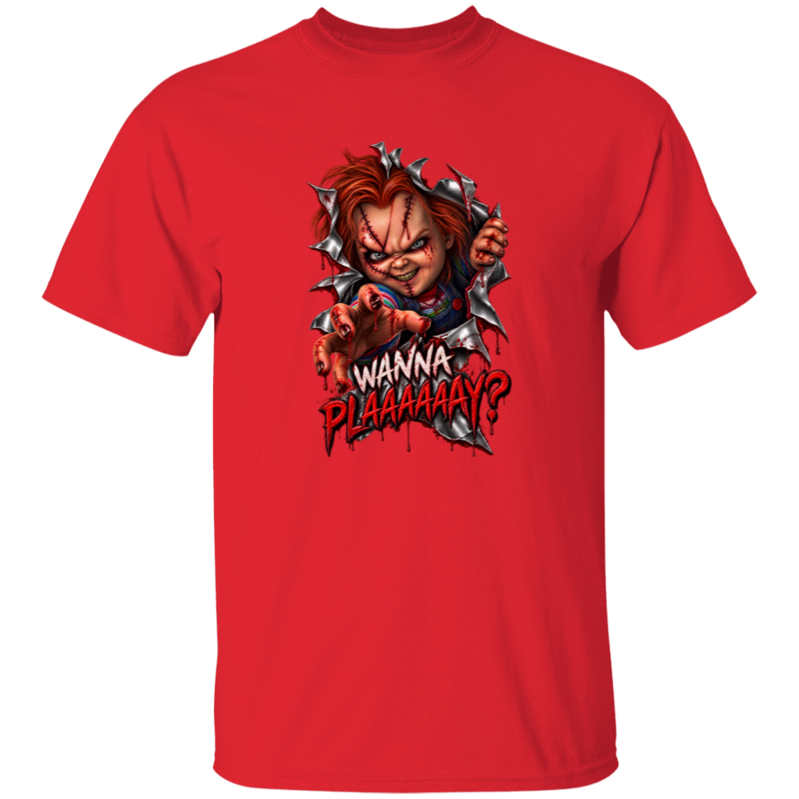 A red short-sleeve crewneck t-shirt featuring a graphic print of Chucky tearing through a torn fabric effect with the text 'WANNA PAAAAAAAY?' in a dripping horror font.