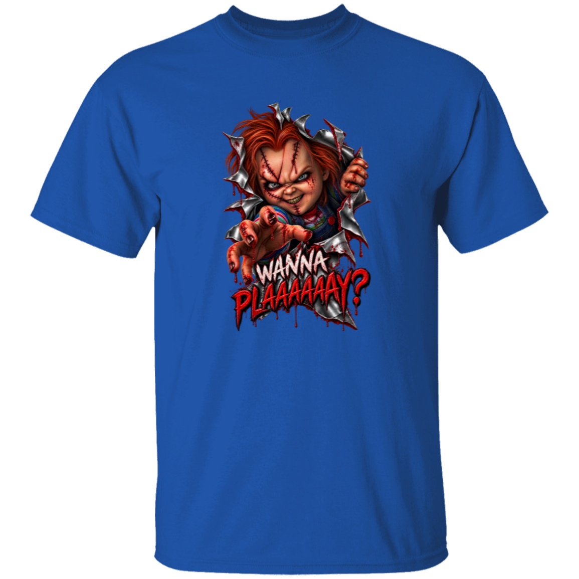 A royal blue short-sleeve crewneck t-shirt featuring a graphic print of Chucky tearing through a shirt with the text 'WANNA PLAAAAAAAY?' in red and white.