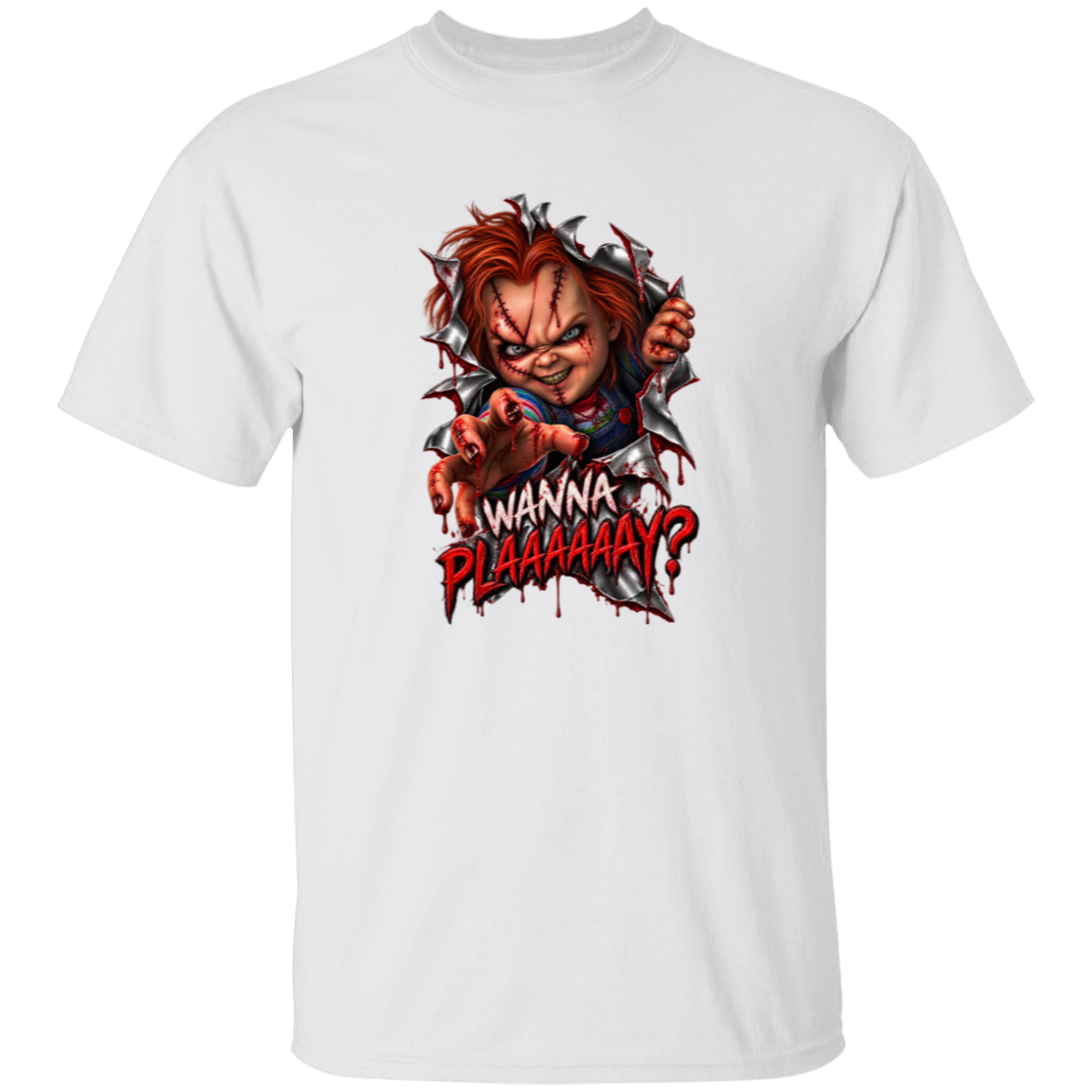 A white short-sleeve crewneck t-shirt featuring a graphic print of Chucky tearing through a shirt with the text 'WANNA PLAAAAAAAY?' in red and white.