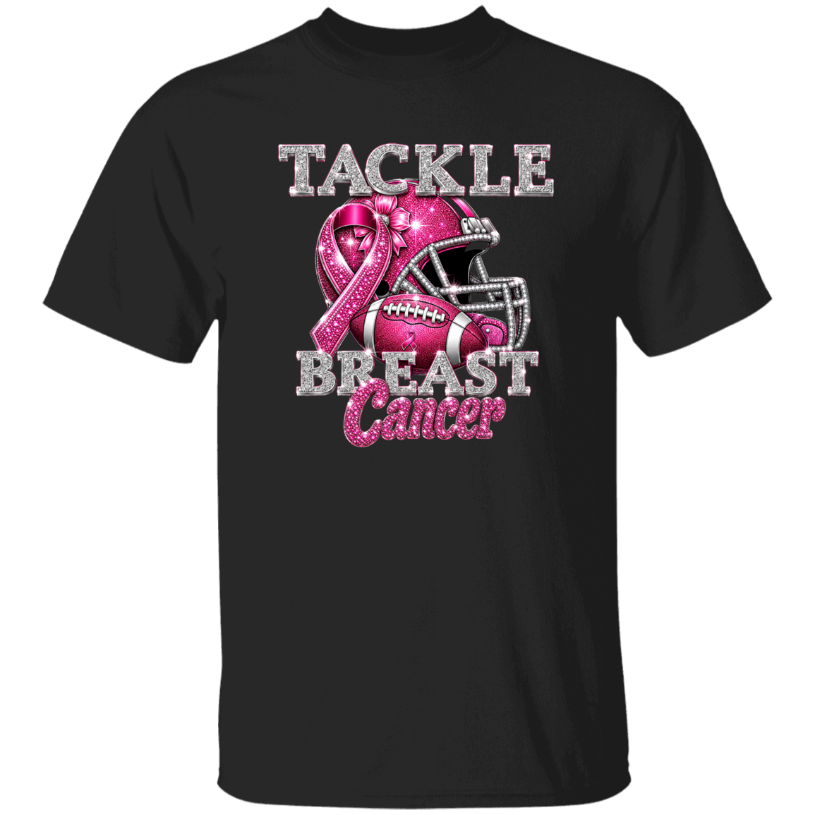 Black t-shirt with pink breast cancer awareness ribbon and football helmet graphic on a white background