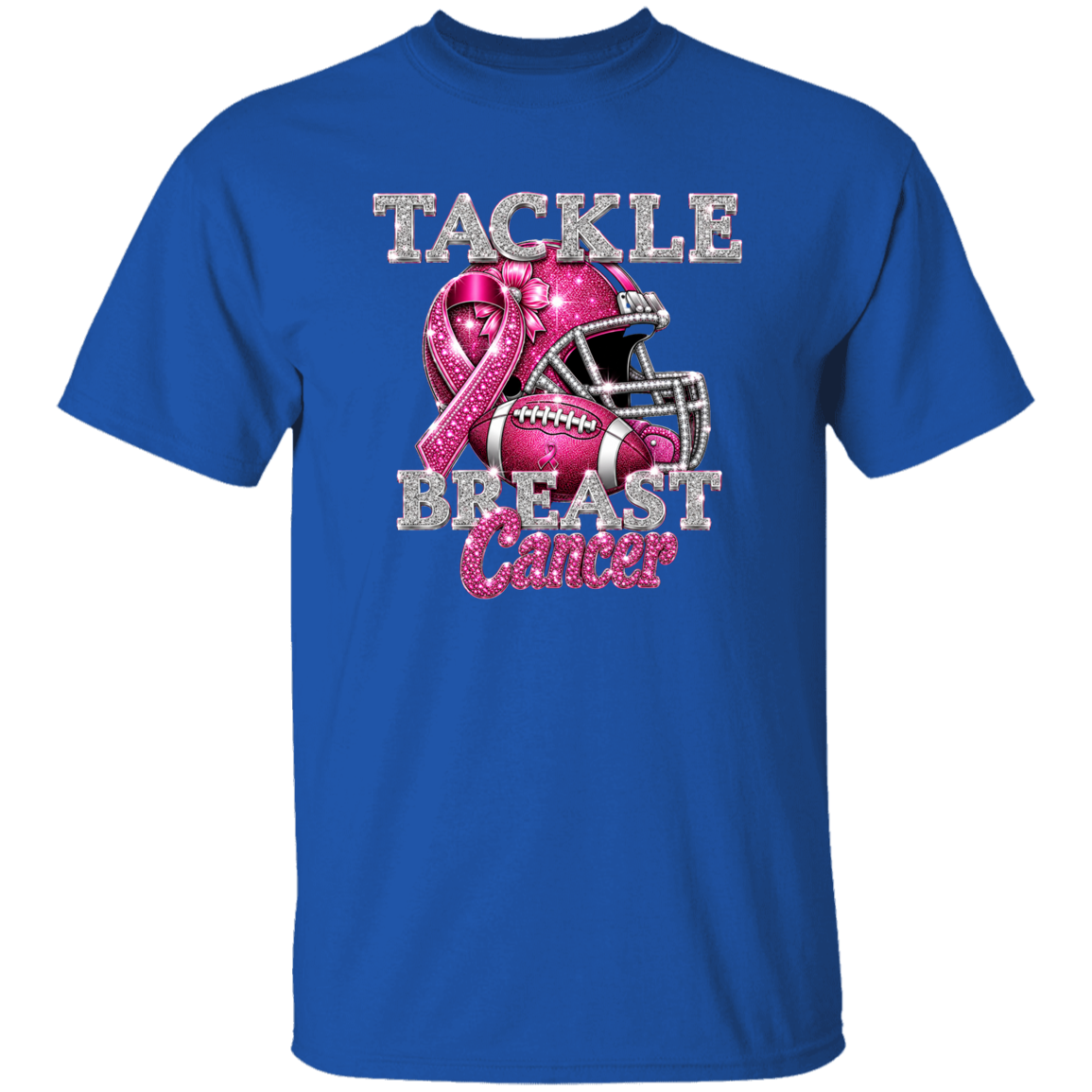 Blue t-shirt with pink ribbon and football helmet graphic for breast cancer awareness on a white background