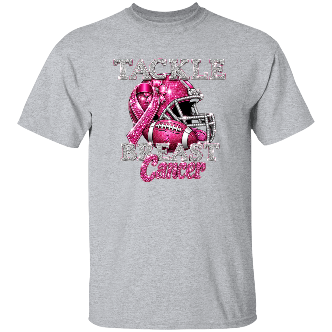 Gray t-shirt with pink breast cancer awareness design featuring a helmet and ribbon on a white background.