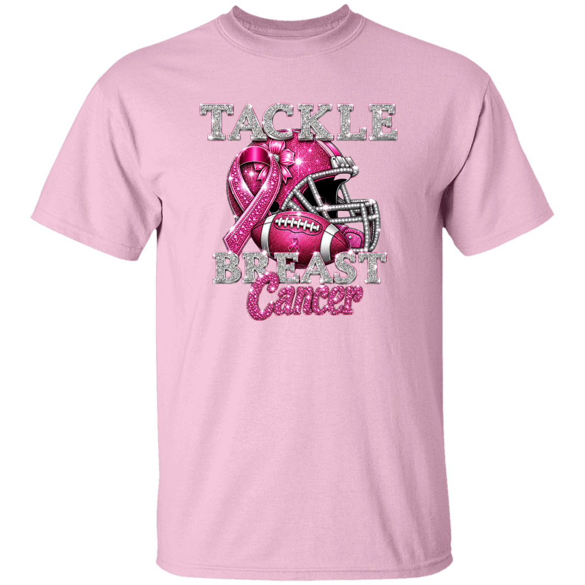 Pink t-shirt with a pink ribbon and football helmet graphic, featuring the text 'Tackle Breast Cancer'.