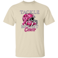 Beige t-shirt with pink ribbon and football graphic for breast cancer awareness on a white background