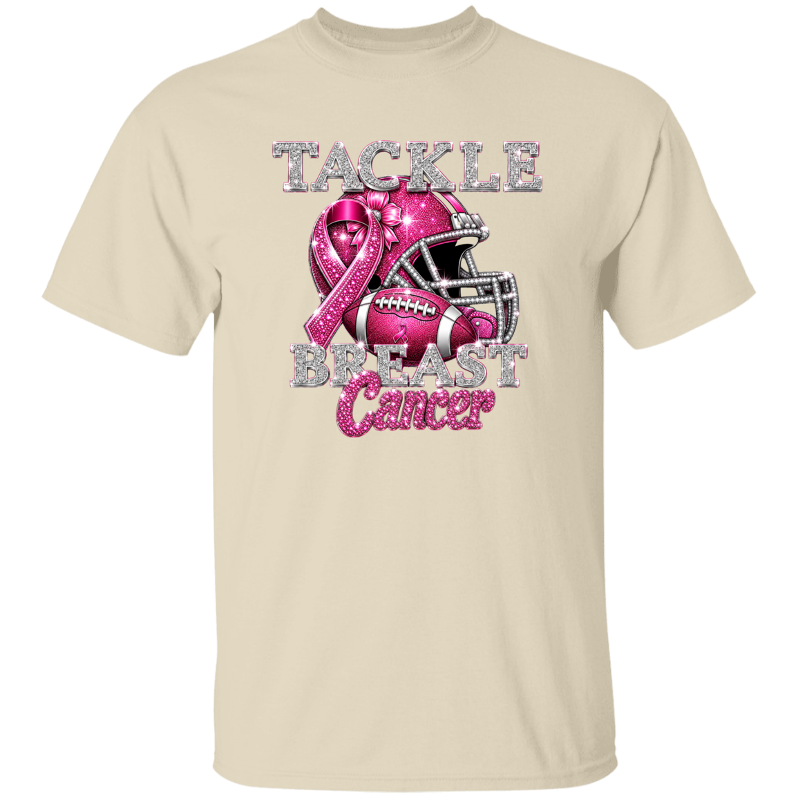 Beige t-shirt with pink ribbon and football graphic for breast cancer awareness on a white background